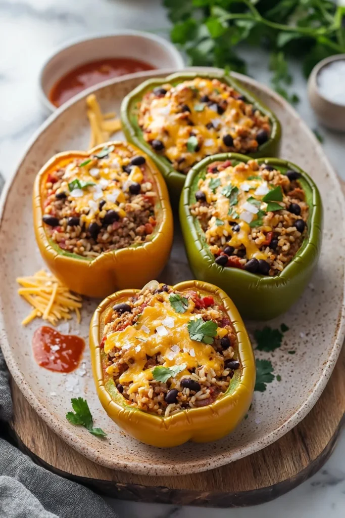 Baked Taco Stuffed Peppers with seasoned meat, rice, and melted cheese