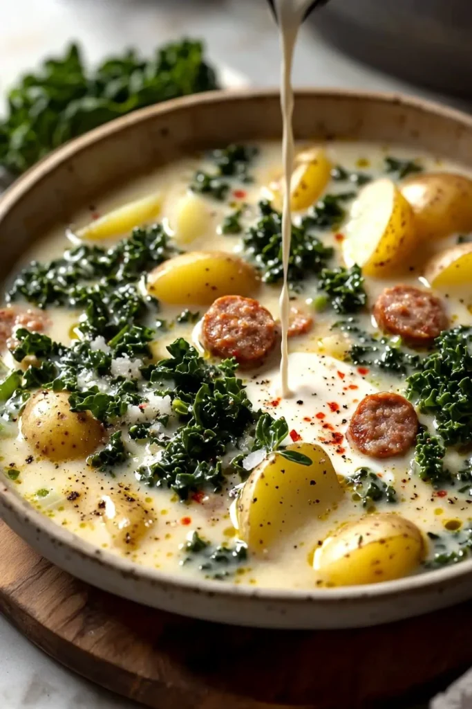 Bowl of Tuscan Soup with sausage, potatoes, and fresh kale