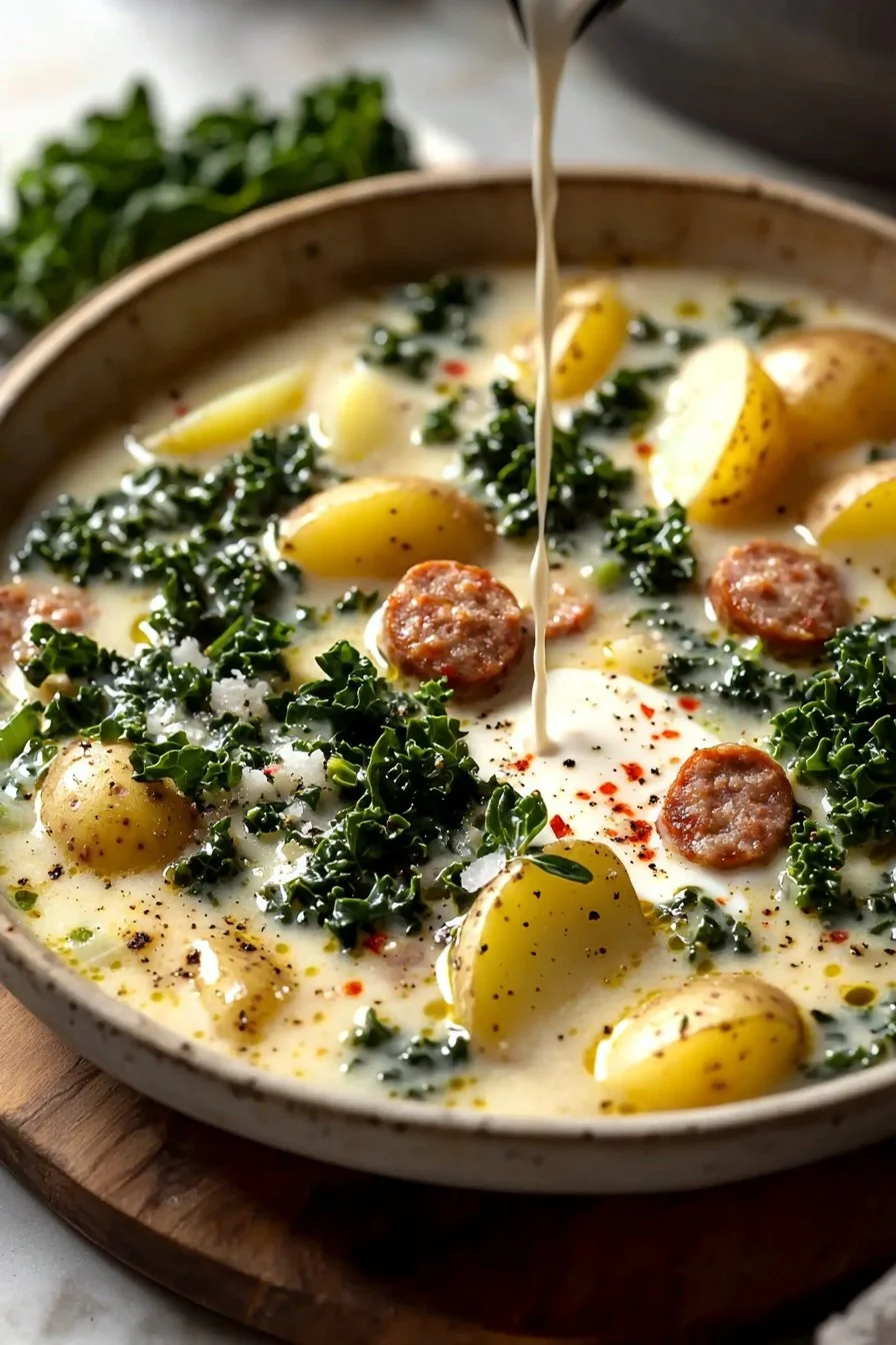 Bowl of Tuscan Soup with sausage, potatoes, and fresh kale