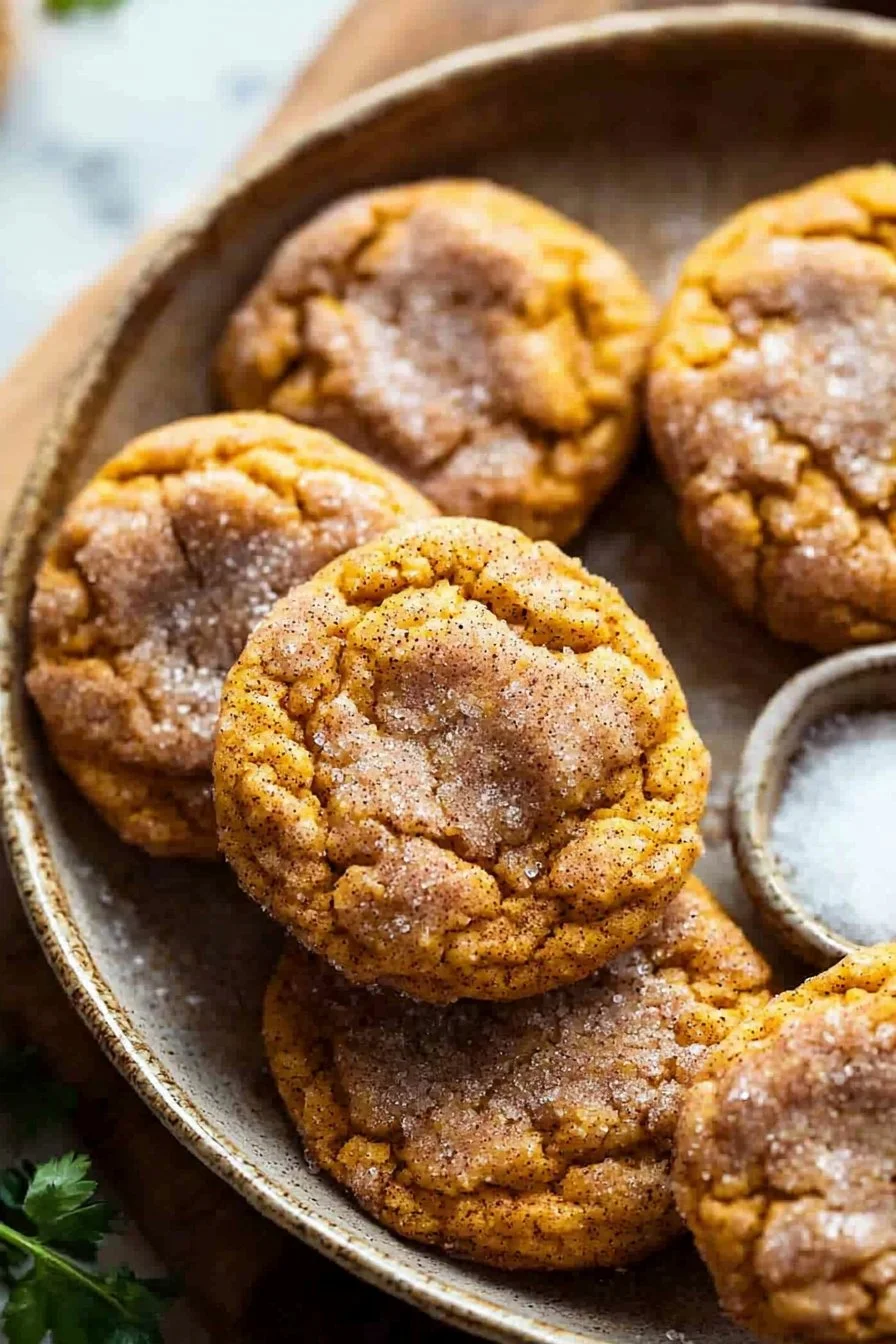 Ultimate cozy brown butter pumpkin snickerdoodle cookies on a plate