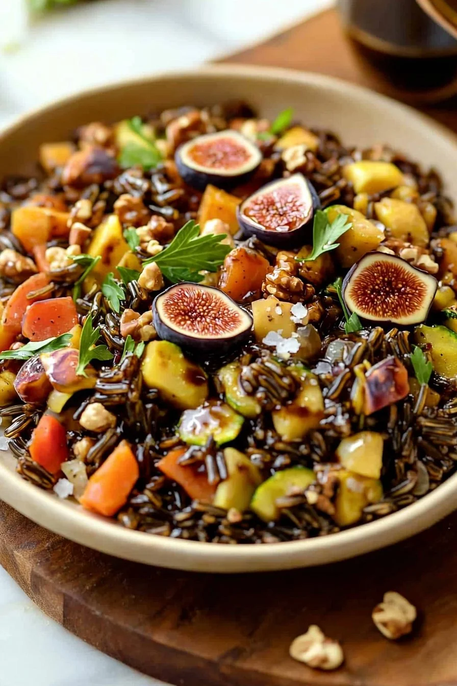 Wild rice harvest bowl topped with fresh greens and fig balsamic vinaigrette